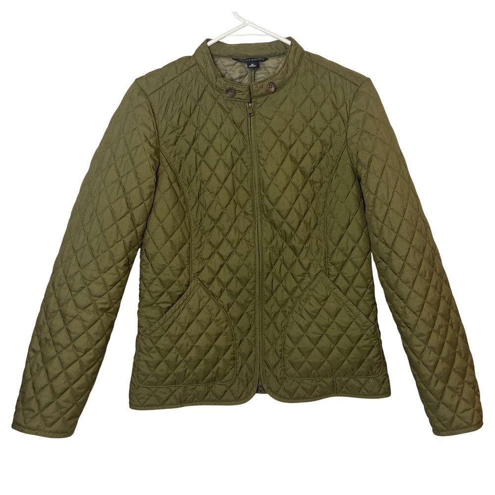 Banana Republic Olive Green Quilted Diamond Stitch Zip Jacket Mock Neck Womens M